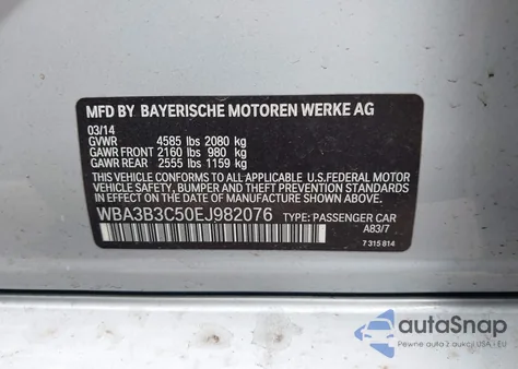 2014 BMW 328I xDrive z USA, uszkodzony, nr VIN WBA3B3C50EJ982076